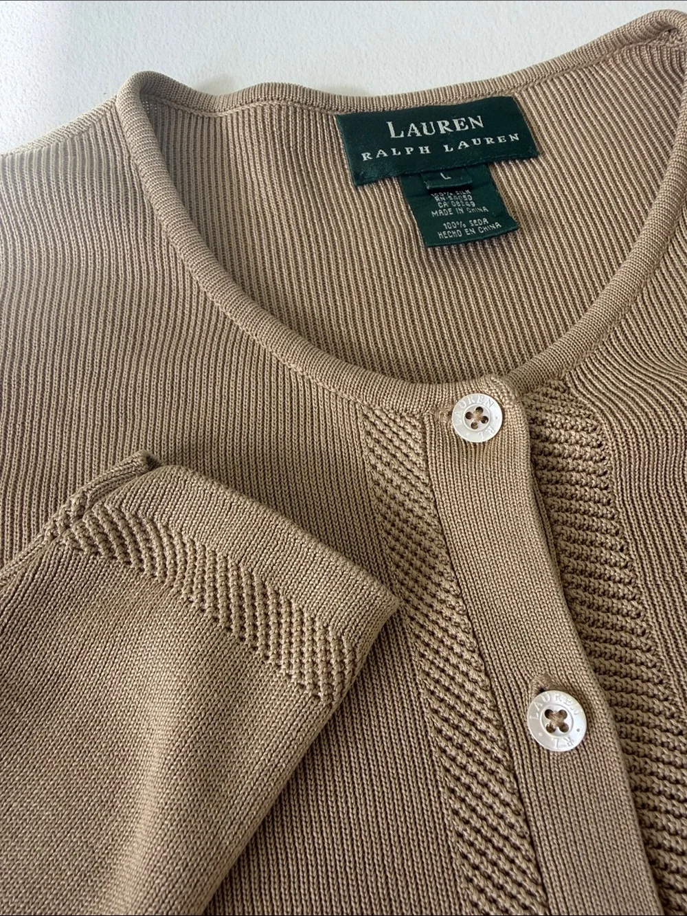 Lauren Ralph Lauren Women's Camel Crewneck 100% Silk Cardigan Sweater Size Large - Picture 5 of 8